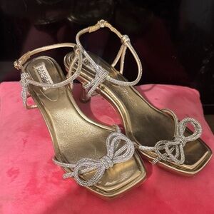 Badgley Mischka Gold Crystal Bow Ankle-Strap Heels